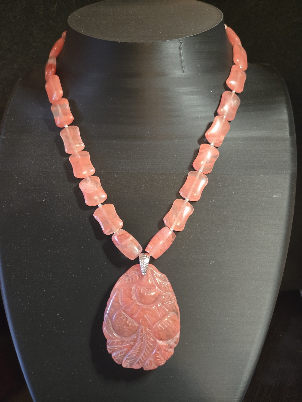 Artisan Carved Cherry Quartz Necklace